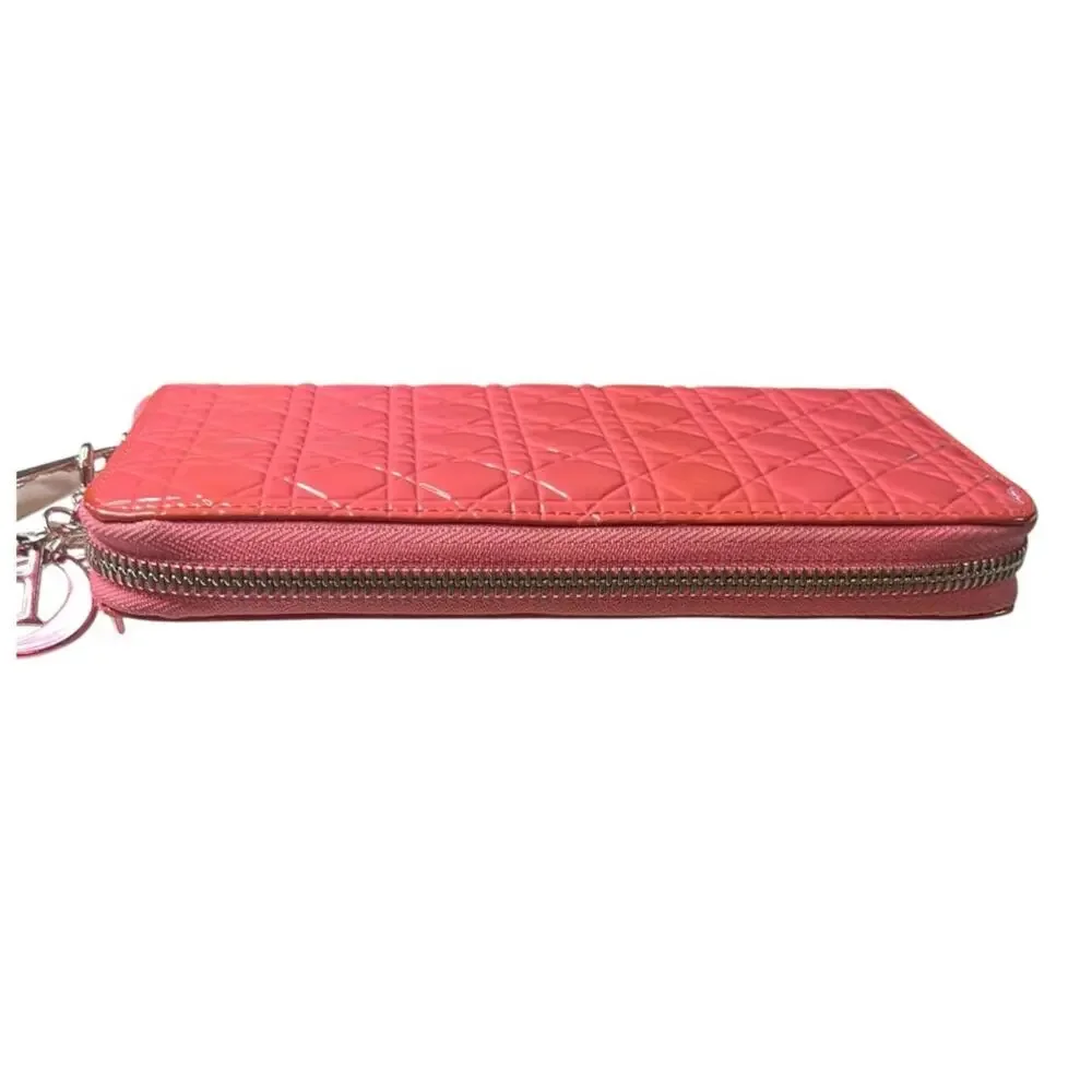 Dior Pink Patent Leather Cannage Quilted Zip Around Wallet 2016